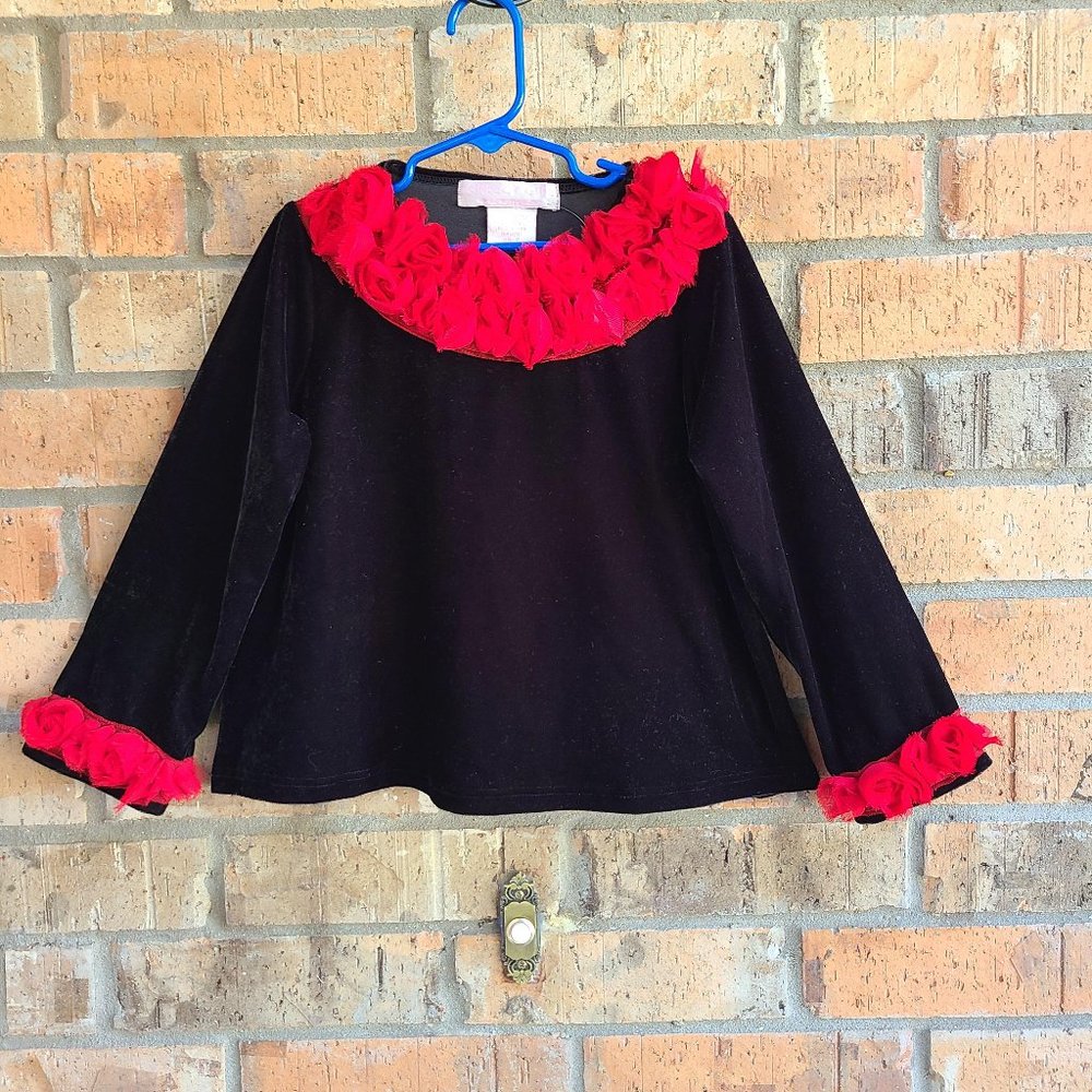 Greggy Girl Velvet Top Blouse Tunic Black with Red Trim Size 6